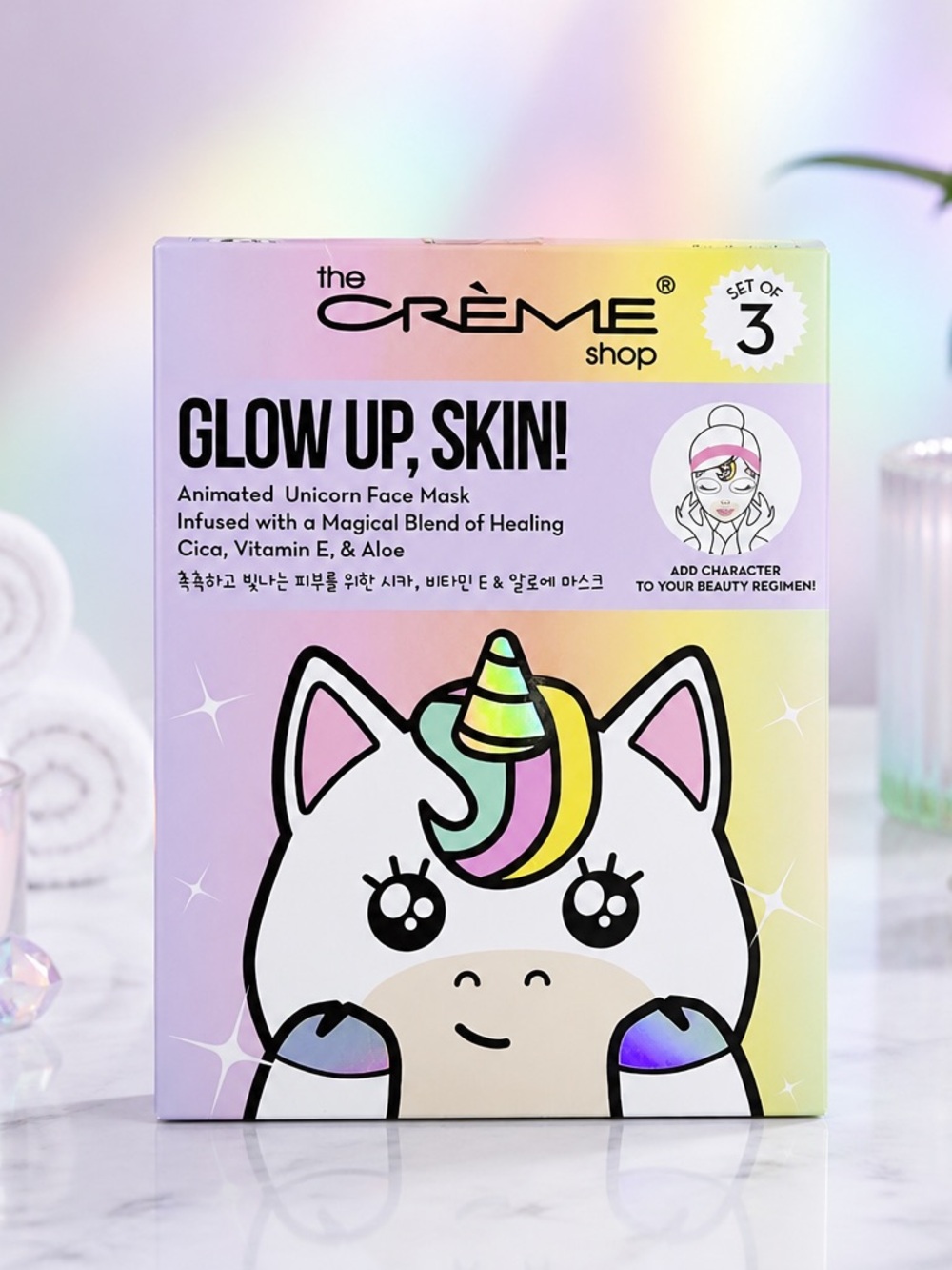 NIB The Creme’ Shop Glow Up, Skin! Face Masks Unicorn Design - 3 Masks per Box